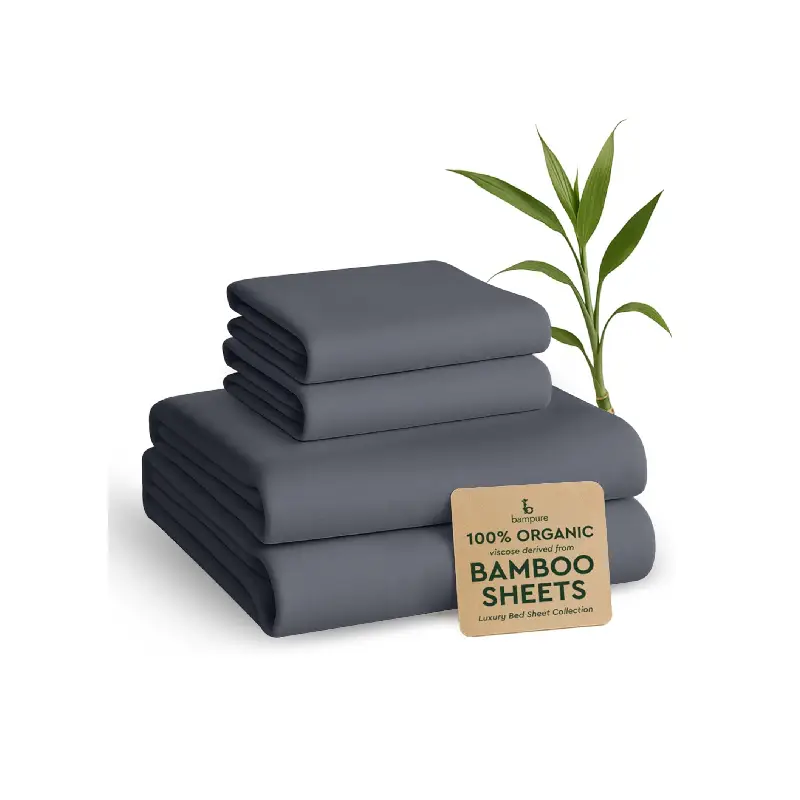 Best Bed Sheet Sets on Amazon luxury bamboo bed sheet set stacked with fitted sheet, flat sheet, and pillowcases.
