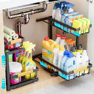 Adbiu two tier expandable under sink organizer with pull out shelves storing cleaning bottles sprays and household supplies practical cabinet storage solution for kitchen and bathroom