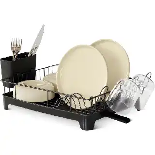 Amazon Basics stainless steel dish drying rack with utensil holder and drain tray compact black kitchen rack for drying plates bowls cups and cutlery