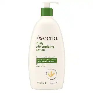 Aveeno daily moisturizing lotion in beige pump bottle with green cap, prebiotic oat formula for dry and sensitive skin with long-lasting hydration
