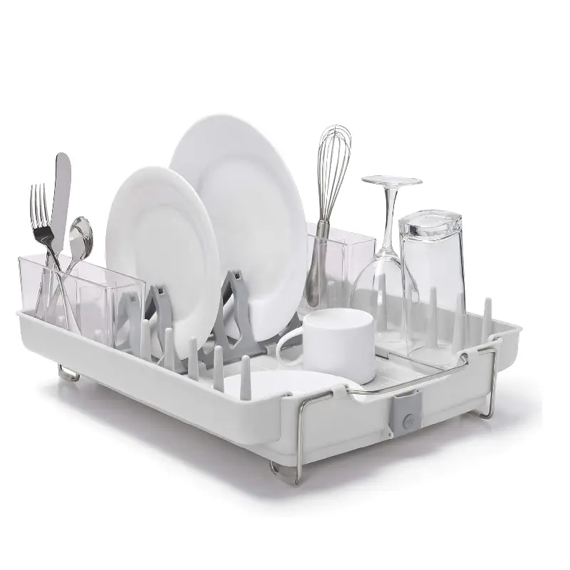 Best Dish Drying Racks in 2026 compact kitchen dish rack holding plates, cups, glasses, and utensils for organized drying.