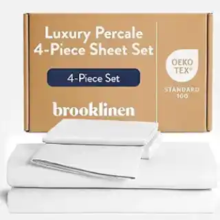Brooklinen luxury percale queen sheet set made from 100 percent cotton in white color with fitted sheet flat sheet and pillowcases best bed sheet for cool and crisp sleep