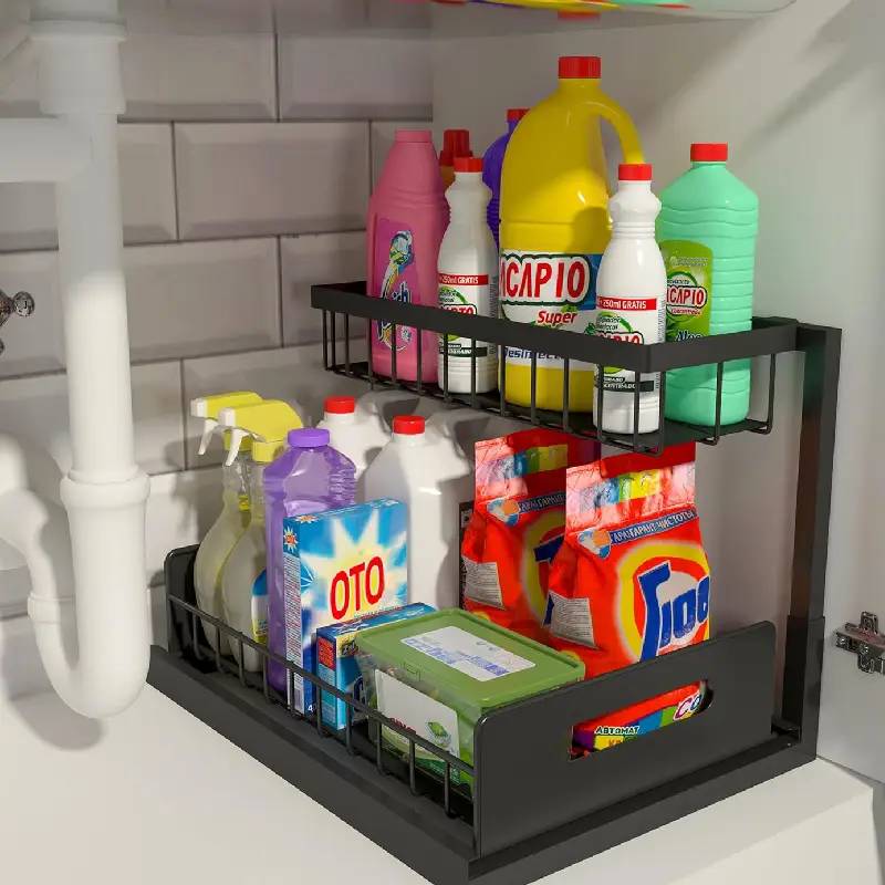 Under Sink Organizer with two-tier sliding shelves storing cleaning supplies and detergent bottles in a kitchen cabinet.
