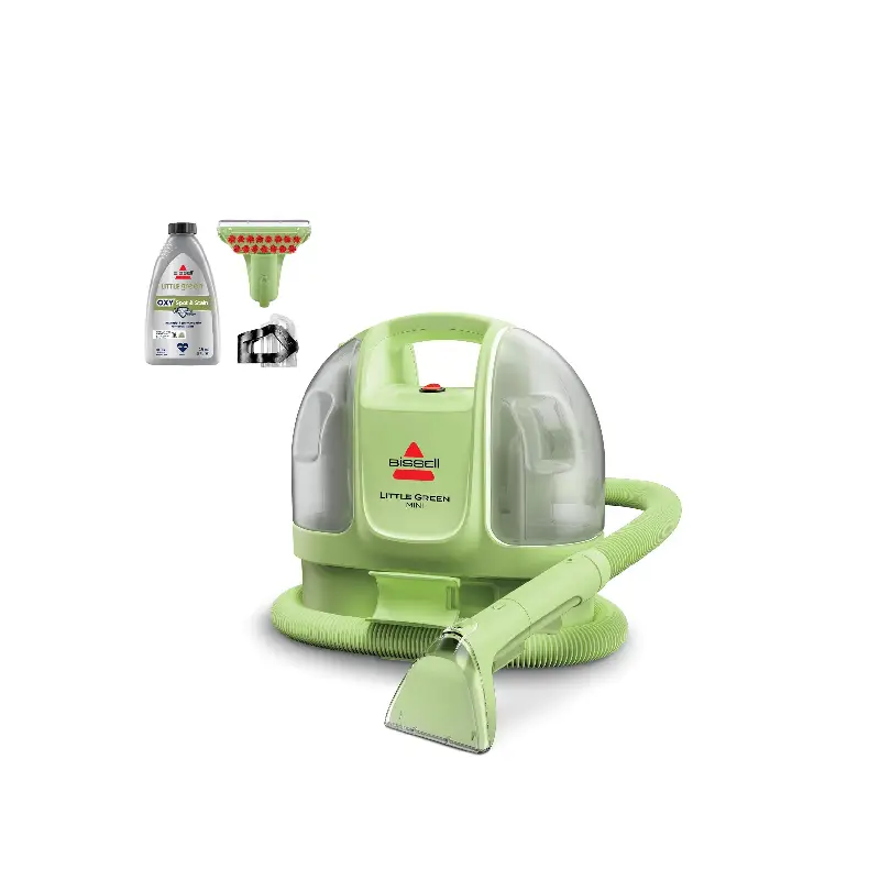 Bissell Little Green portable carpet cleaner with hose and tough stain tool for upholstery and carpet cleaning.
