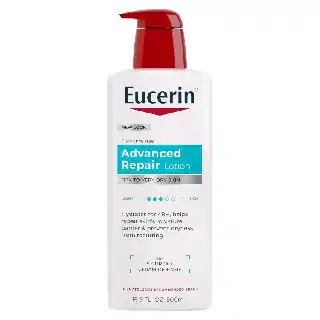 Eucerin Advanced Repair body lotion in white bottle with red pump, fragrance-free formula with ceramides for very dry skin and long-lasting hydration
