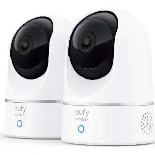 eufy Security indoor cameras in white with pan and tilt design, dual camera setup with 2K video, motion tracking, and AI detection for home monitoring