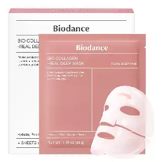 Biodance bio-collagen real deep hydrogel face mask for glowing skin in pink packaging with sheet mask design for hydration, firming, and pore care