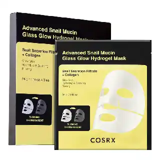 COSRX advanced snail mucin hydrogel face mask for glowing skin in black and yellow packaging with sheet mask design for hydration, firming, and glass skin effect