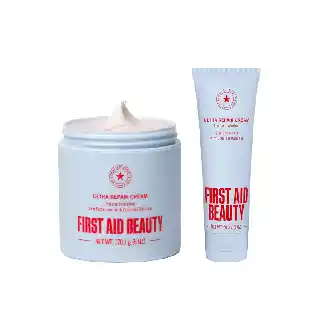First Aid Beauty Ultra Repair Cream in light blue jar and tube with whipped texture, hydrating moisturizer with colloidal oatmeal for dry and sensitive skin