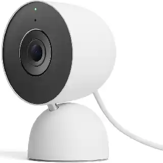 Google Nest Cam indoor security camera in white with modern rounded design, 2K video, night vision, and two-way audio for smart home monitoring