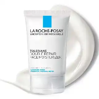 La Roche-Posay Toleriane double repair face moisturizer in white tube with minimalist design and cream texture shown for hydration and sensitive skin care