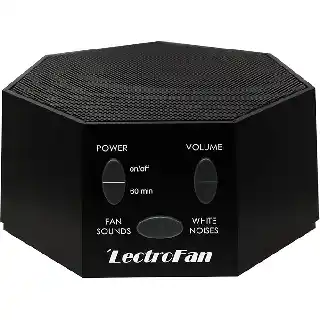 LectroFan Classic white noise machine in black with control buttons for volume, fan sounds, and white noise settings for better sleep and relaxation