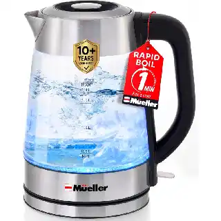 Mueller rapid boil electric kettle with 1.8 liter borosilicate glass body stainless steel base LED light fast boiling water heater for tea coffee and hot beverages
