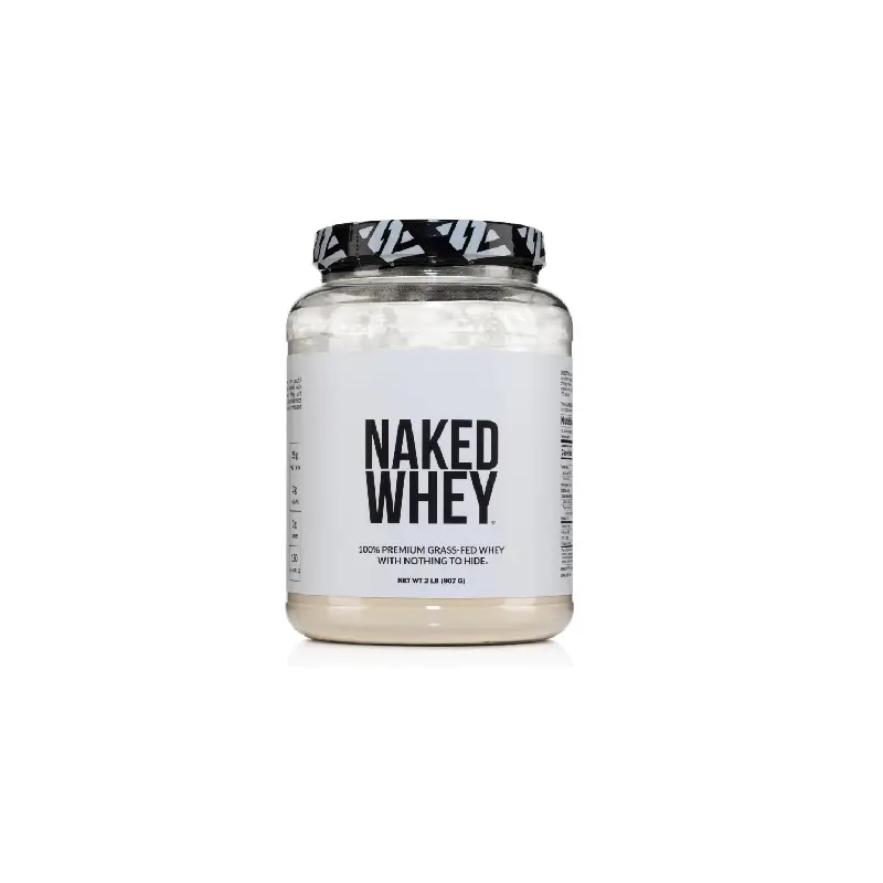 NAKED Whey protein powder container on kitchen counter