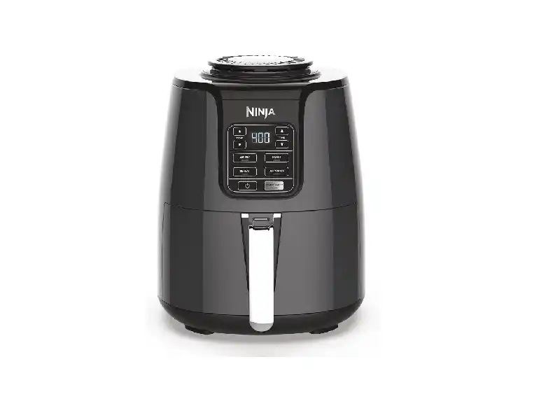 Ninja AF101 4 quart air fryer with digital control panel and nonstick basket for air frying roasting reheating and dehydrating food.