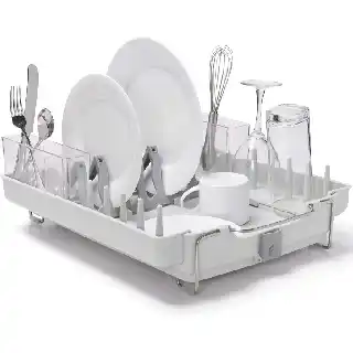 Oxo Good Grips foldaway dish drying rack with plate holders utensil compartments and glass holders compact kitchen rack for drying dishes cups and cutlery