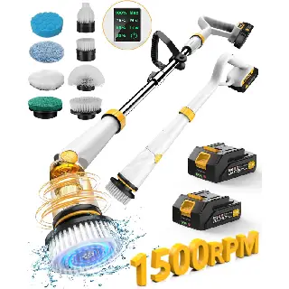 Qimedo cordless model from the best electric spin scrubbers with 7500 RPM motor, extendable handle, multiple brush heads, and rechargeable batteries for deep cleaning.