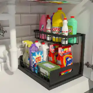 Realinn two tier pull out under sink organizer with slide out cabinet shelves storing cleaning supplies and bottles practical kitchen storage solution for cabinets