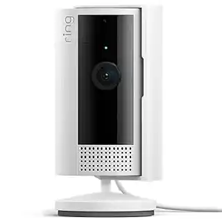 Ring indoor security camera in white with slim vertical design, 1080p HD video, motion detection, and two-way audio for home monitoring