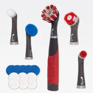 Rubbermaid Reveal cordless tool among the best electric spin scrubbers for scrubbing grout, tiles, and small surfaces.