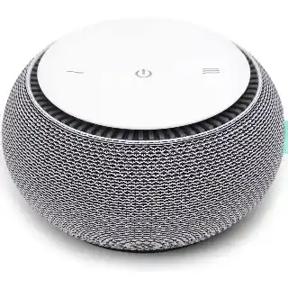 SNOOZ smart white noise machine in fabric-covered round design with real fan inside for non-looping sound, ideal for bedroom sleep and relaxation