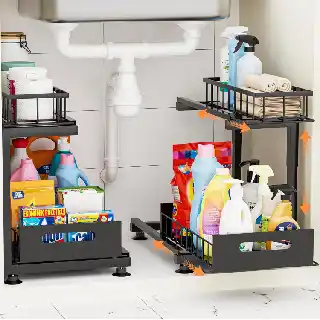 Heavy duty metal under sink organizer with adjustable height and pull out sliding shelves storing cleaning supplies best under sink organizer for kitchen and bathroom cabinets