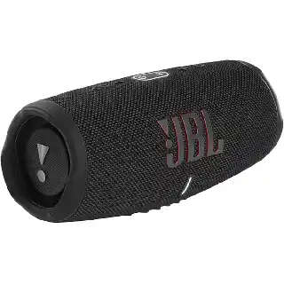 JBL Charge 5 portable waterproof Bluetooth speaker in black with powerful sound, built-in powerbank, and rugged design for outdoor use