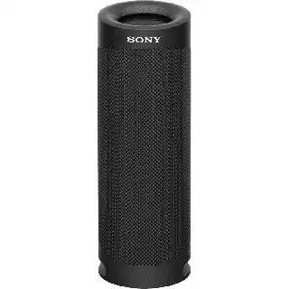 Sony SRS-XB23 portable waterproof Bluetooth speaker in black with extra bass, cylindrical design, and durable build for outdoor use