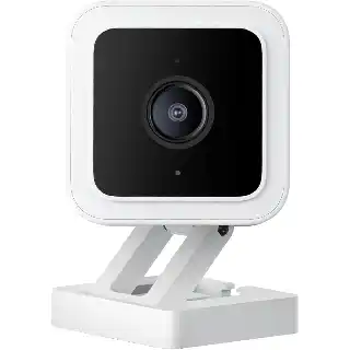 WYZE Cam v3 security camera in white with compact square design, 1080p HD video, color night vision, and stand mount for indoor and outdoor monitoring