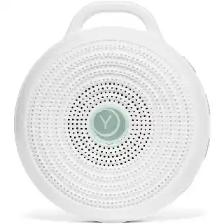 Yogasleep Rohm portable white noise sound machine in compact round white design with speaker grille and loop handle for travel, sleep therapy, and meditation