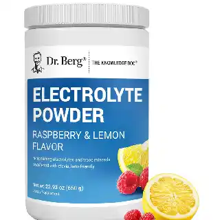 Dr. Berg electrolyte powder in raspberry and lemon flavor with zero sugar shown in white jar packaging with lemon and raspberry images on label