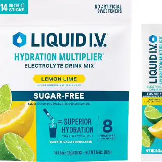 Liquid I.V. Hydration Multiplier sugar-free electrolyte drink mix in lemon lime flavor with on-the-go sticks and citrus fruit imagery on packaging
