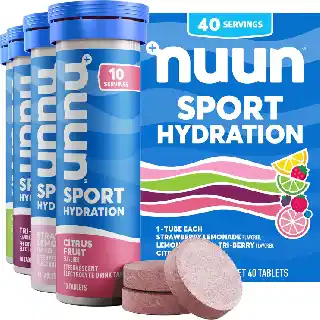 Nuun Sport hydration electrolyte tablets variety pack with effervescent tablets in tubes and mixed fruit flavors shown with colorful packaging and tablets displayed