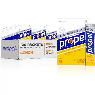 Propel electrolyte drink mix powder packets in lemon flavor with zero sugar and zero calories shown in bulk box and individual sachets packaging