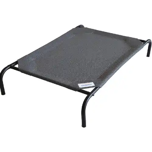 A raised dog bed with a breathable gray mesh surface stretched across a sturdy black metal frame, designed to keep dogs cool by allowing air to circulate underneath while providing firm support.