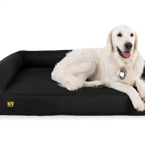 A large white dog rests comfortably on a black orthopedic dog bed with raised bolsters, featuring a durable, sturdy design that supports the dog’s body while providing a place to rest its head.